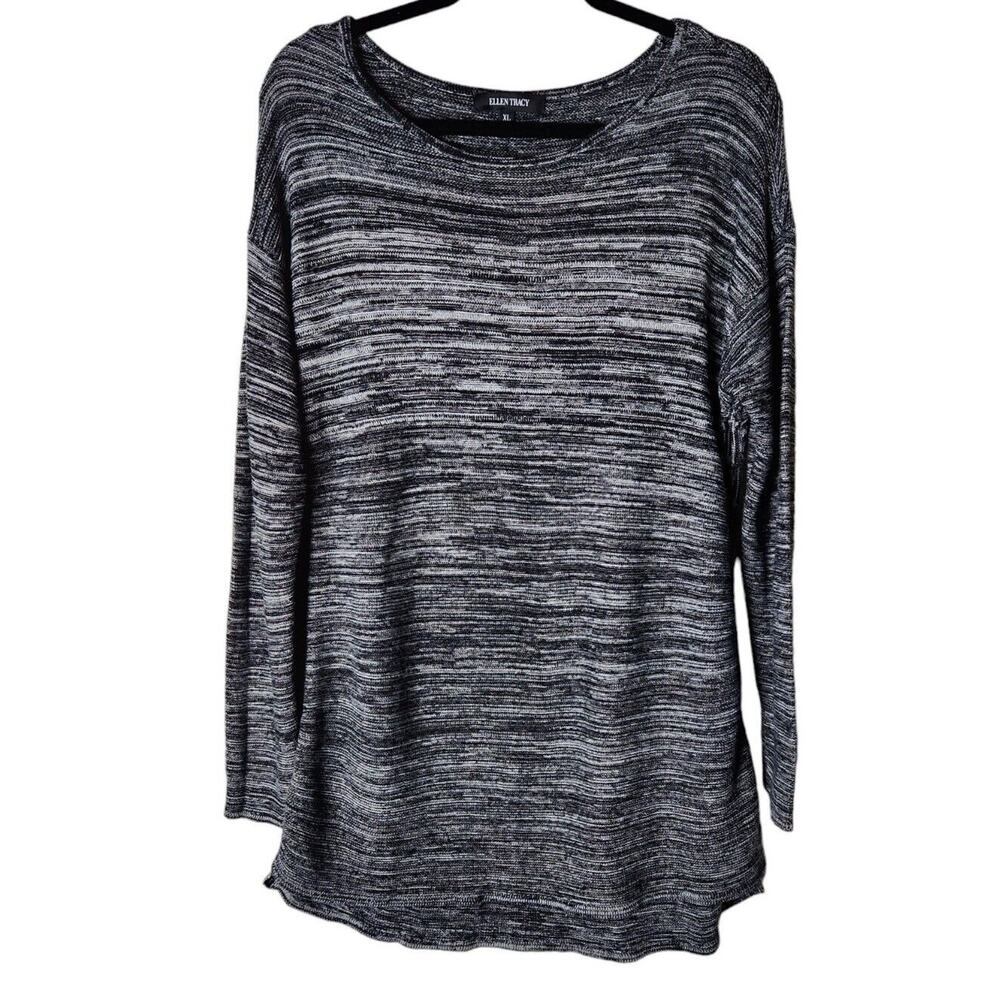 Ellen Tracy Tunic Sweater Womens Size XL Black Marled Knit Long Line Pullover